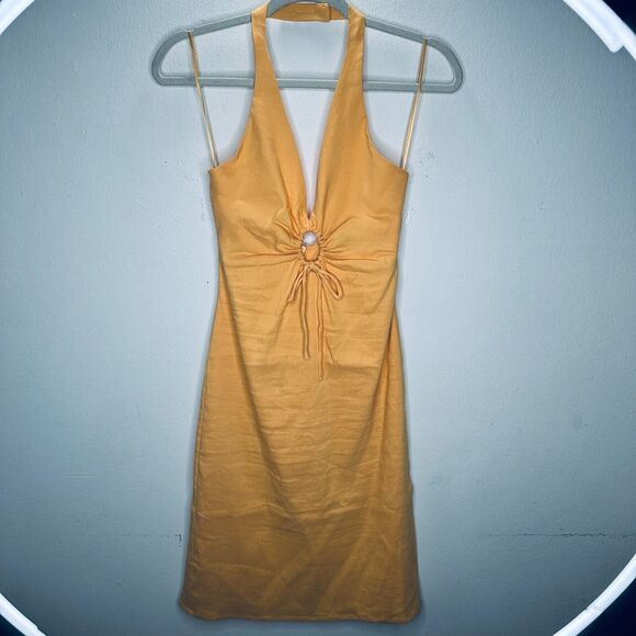 Zara Mustard Yellow Halter V-Neck Sun Dress O-Ring Cutout Front Open Back Small - Picture 4 of 15